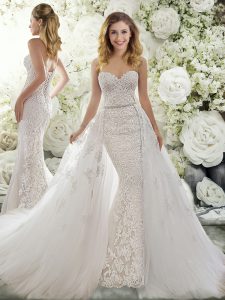 Unique Tulle Sweetheart Sleeveless Watteau Train Lace Up Beading and Lace Wedding Gown in White