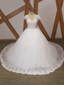 White Tulle Lace Up V-neck Short Sleeves Wedding Dresses Chapel Train Beading and Lace and Appliques
