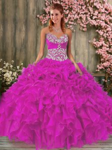 Fuchsia Sweetheart Lace Up Beading and Ruffles Ball Gown Prom Dress Sleeveless