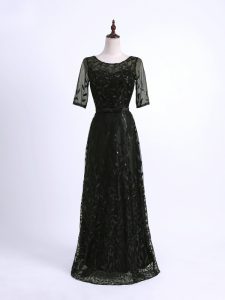 Flare Black Lace Lace Up Scoop Half Sleeves Floor Length Mother of Groom Dress Lace and Appliques