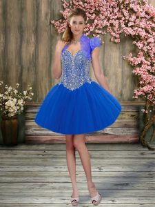 Mini Length Lace Up Casual Dresses Blue for Prom and Party with Beading