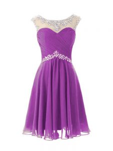 Scoop Cap Sleeves Prom Homecoming Dress Knee Length Beading Purple Chiffon