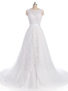 White A-line Scalloped Sleeveless Lace Brush Train Clasp Handle Lace Wedding Dress