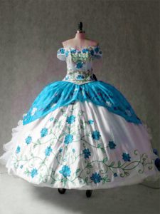 Floor Length Lace Up Sweet 16 Quinceanera Dress Blue And White for Military Ball and Sweet 16 and Quinceanera with Embro
