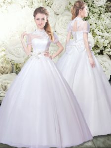 Shining White Lace Up Bridal Gown Appliques Short Sleeves Floor Length