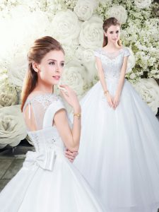 White Lace Up Scoop Appliques and Bowknot Wedding Gown Tulle Short Sleeves
