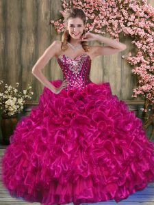Custom Made Fuchsia Sleeveless Organza Lace Up Ball Gown Prom Dress for Military Ball and Sweet 16 and Quinceanera