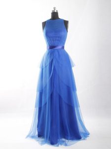 Blue Zipper Scoop Beading and Ruffled Layers and Belt Prom Party Dress Tulle Sleeveless