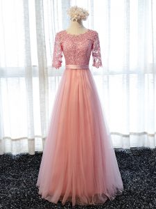 Luxurious Floor Length Empire Half Sleeves Pink Bridesmaid Dresses Lace Up