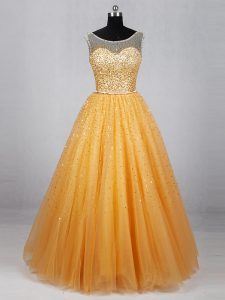 Gold Lace Up Scoop Beading and Sequins Prom Party Dress Tulle Sleeveless