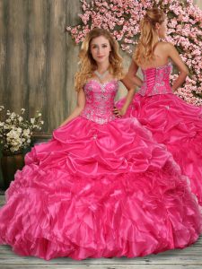 Beading and Ruffles Sweet 16 Quinceanera Dress Hot Pink Lace Up Sleeveless Floor Length