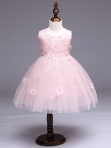 Baby Pink Sleeveless Knee Length Appliques and Bowknot Zipper Little Girls Pageant Dress Wholesale