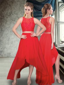 Traditional Red Sleeveless Floor Length Lace Zipper Damas Dress