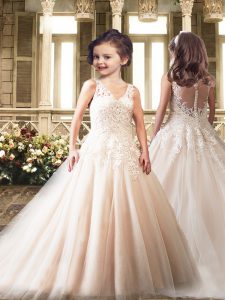 Flirting White Ball Gowns Straps Sleeveless Tulle Sweep Train Clasp Handle Lace Flower Girl Dresses