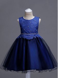 Luxurious Lace Child Pageant Dress Navy Blue Zipper Sleeveless Knee Length