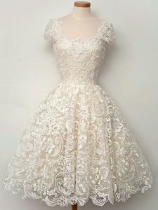 Champagne Lace Lace Up Straps Cap Sleeves Knee Length Dama Dress for Quinceanera Lace
