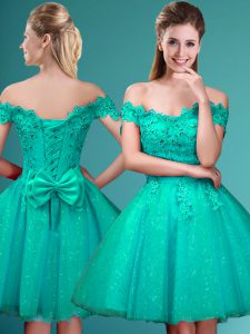 Hot Selling Turquoise Off The Shoulder Neckline Lace and Belt Quinceanera Dama Dress Cap Sleeves Lace Up