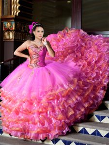 Custom Made Organza Sleeveless Quinceanera Gowns Sweep Train and Beading and Ruffles