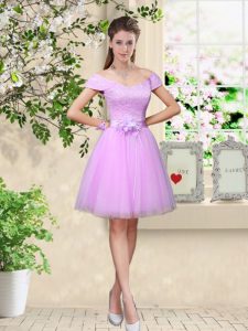 Lace and Belt Wedding Guest Dresses Lilac Lace Up Cap Sleeves Knee Length