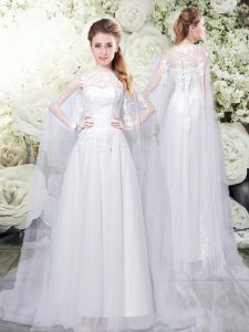 Trendy Bateau Sleeveless Watteau Train Lace Up Wedding Dress White Tulle