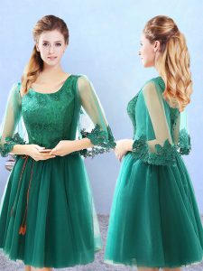 Green A-line Lace and Appliques Dama Dress Lace Up Tulle 3 4 Length Sleeve Knee Length