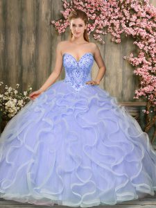 Customized Lavender Tulle Lace Up Sweetheart Sleeveless Floor Length Quince Ball Gowns Beading and Ruffles