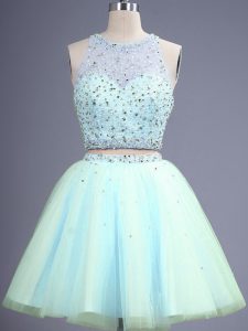 Light Blue Two Pieces Beading Quinceanera Court of Honor Dress Zipper Tulle Sleeveless Knee Length