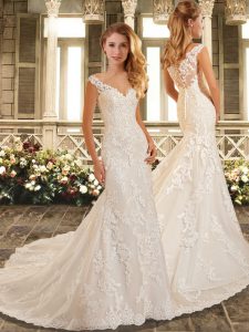 Deluxe V-neck Sleeveless Organza Wedding Gowns Appliques and Embroidery Brush Train Clasp Handle