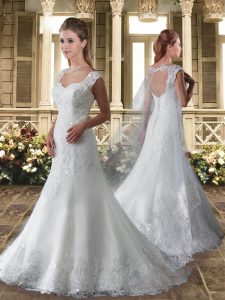 Fabulous White Wedding Dresses Straps Cap Sleeves Watteau Train Backless