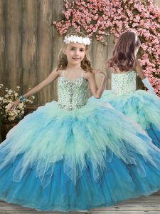 Multi-color Organza Lace Up Straps Sleeveless Floor Length Little Girls Pageant Dress Beading and Ruffles