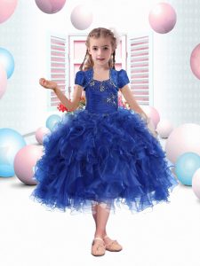 Inexpensive Tea Length Ball Gowns Sleeveless Royal Blue Little Girl Pageant Dress Lace Up