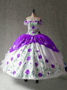 Elegant White And Purple Lace Up Off The Shoulder Embroidery and Ruffles Sweet 16 Dresses Organza and Taffeta Cap Sleeve