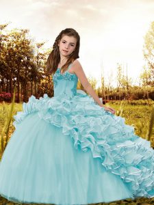 Light Blue Ball Gowns Beading and Ruffles Kids Pageant Dress Lace Up Organza and Tulle Sleeveless