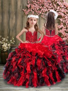 Super Ball Gowns Little Girls Pageant Gowns Red And Black Straps Organza Sleeveless Floor Length Lace Up
