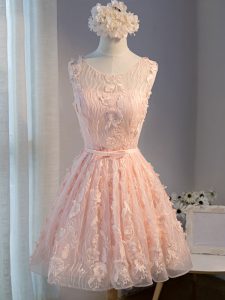 A-line Juniors Party Dress Pink Scoop Tulle Sleeveless Mini Length Lace Up