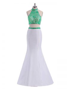 White Two Pieces Halter Top Sleeveless Satin Floor Length Criss Cross Beading Prom Party Dress