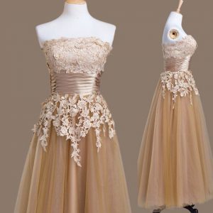 Luxury Strapless Sleeveless Tulle Damas Dress Appliques Lace Up