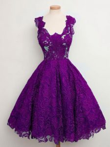 Dynamic Purple A-line Straps Sleeveless Lace Knee Length Lace Up Lace Quinceanera Court Dresses
