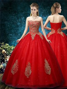 Floor Length Ball Gowns Sleeveless Red Wedding Dresses Lace Up