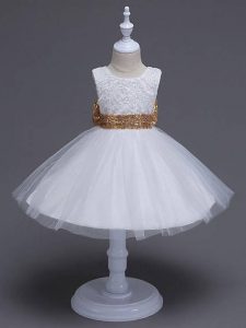 White Tulle Zipper Scoop Sleeveless Knee Length Little Girl Pageant Dress Lace and Bowknot