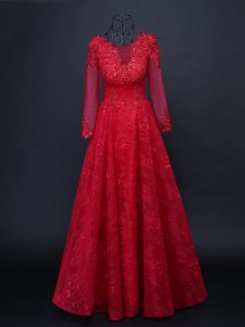 New Arrival Floor Length A-line Long Sleeves Red Mother of the Bride Dress Lace Up