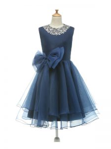 Beautiful Navy Blue Child Pageant Dress Wedding Party with Beading and Bowknot Scoop Sleeveless Zipper
