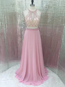 High Quality Pink Neckline Beading Evening Dress Sleeveless Zipper