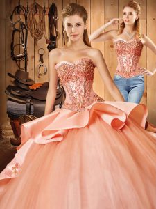 Exquisite Two Pieces Sleeveless Peach Quinceanera Dress Court Train Lace Up