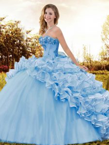 Fantastic Light Blue Sleeveless Organza Sweep Train Lace Up Quinceanera Dresses for Military Ball and Sweet 16 and Quinc