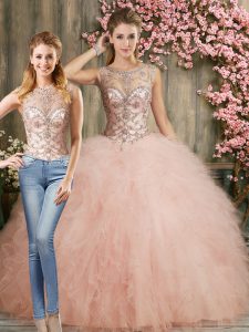 Fitting Organza Scoop Sleeveless Lace Up Beading and Ruffles Quince Ball Gowns in Peach