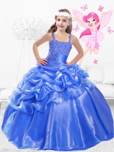 Blue Side Zipper Little Girls Pageant Dress Beading and Pick Ups Sleeveless Floor Length