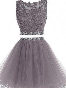 Exceptional Grey Two Pieces Beading and Lace and Appliques Teens Party Dress Zipper Tulle Sleeveless Mini Length
