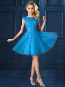 Charming Baby Blue Dama Dress Prom and Party with Lace and Belt Bateau Cap Sleeves Lace Up
