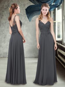 Fantastic Grey Column/Sheath Straps Sleeveless Chiffon Floor Length Zipper Lace Wedding Party Dress